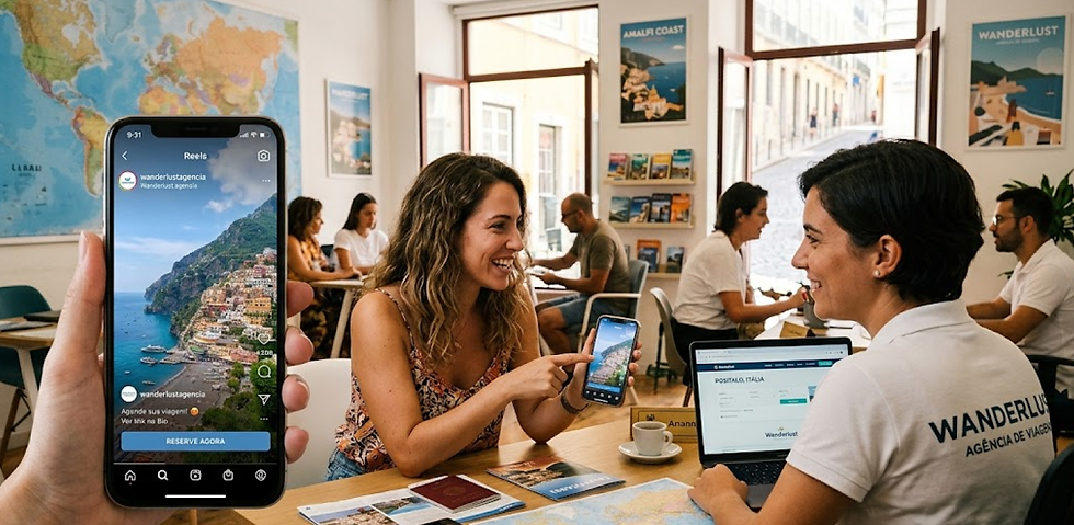 Pessoa que trabalha em agência de viagens recebendo um lead para realizar um possível fechamento de uma viagem que está sendo mostrada no celular