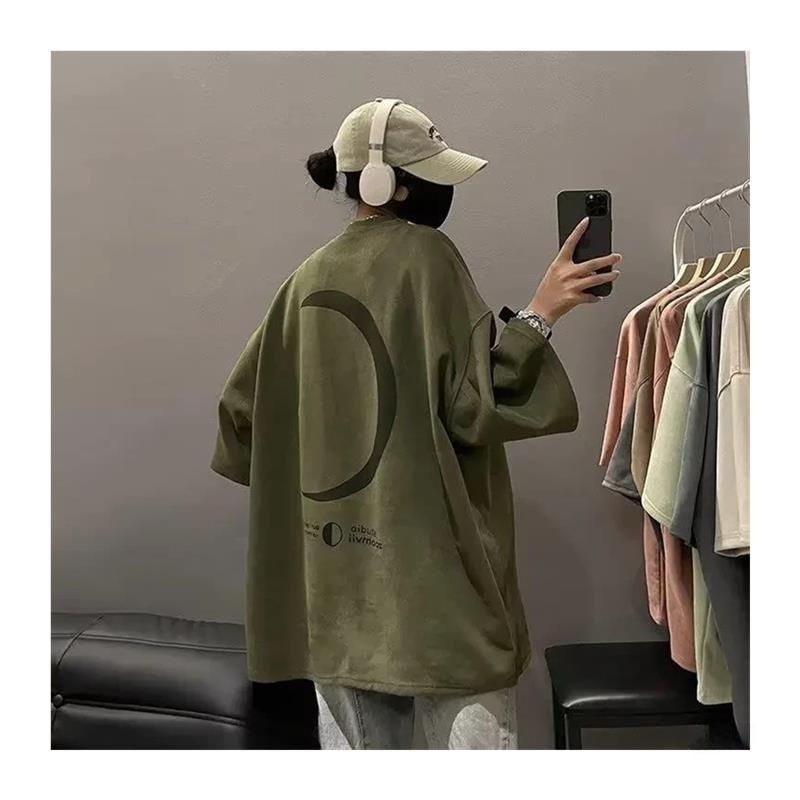 Thumbnail: American Retro Suede Short Sleeve Men's T-shirt Trendy Oversize Military Green F
