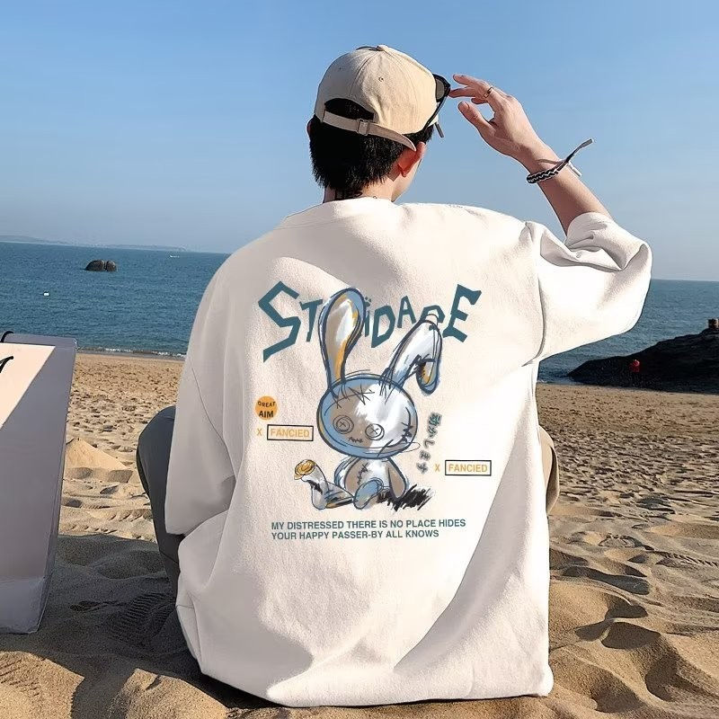 8XL Men Oversize Korean Fashion Loose American Love Puppet Rabbit Print Short Sl