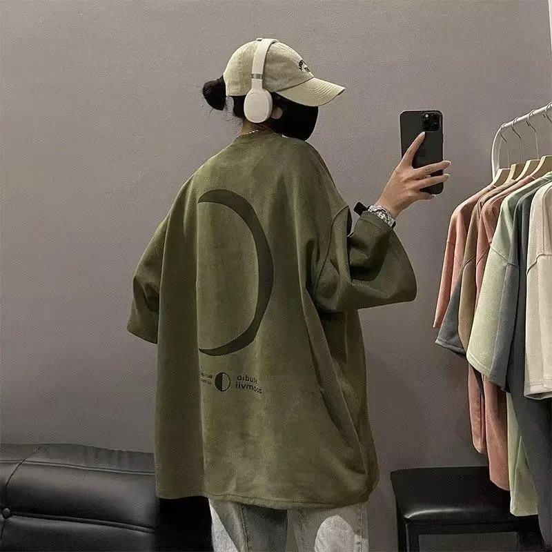 American Retro Suede Short Sleeve Men's T-shirt Trendy Oversize Military Green F