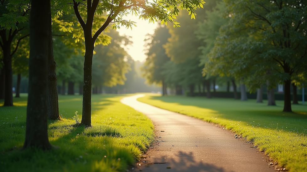 Eye-level view of a tranquil park scene with a winding path