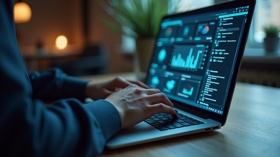 Close-up view of a professional working on a laptop with cybersecurity software