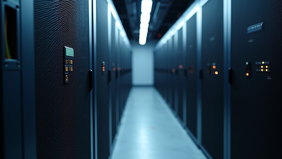 Eye-level view of a server room with network equipment racks