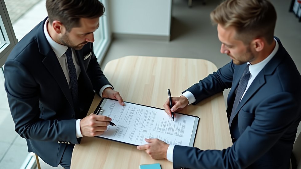 High angle view of a consultant reviewing documents with a client