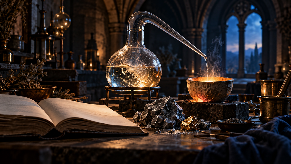 Konzeptillustration zur Alchemie: Glasretorte, Tiegel und Mineralien auf einem dunklen Arbeitstisch als Bild für Veränderung.