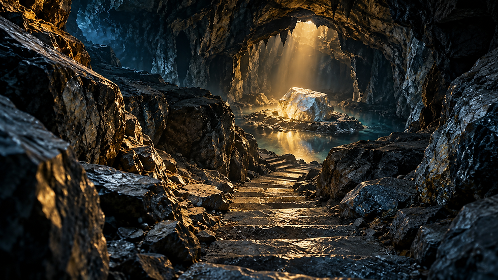Konzeptillustration zu V.I.T.R.I.O.L.: Ein Weg führt in eine steinerne Höhle zu einem vom Licht erhellten Mineral.