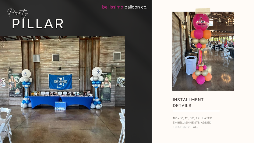 Personalized party pillars embellished with Indiana State logo and blue, white and silver balloons