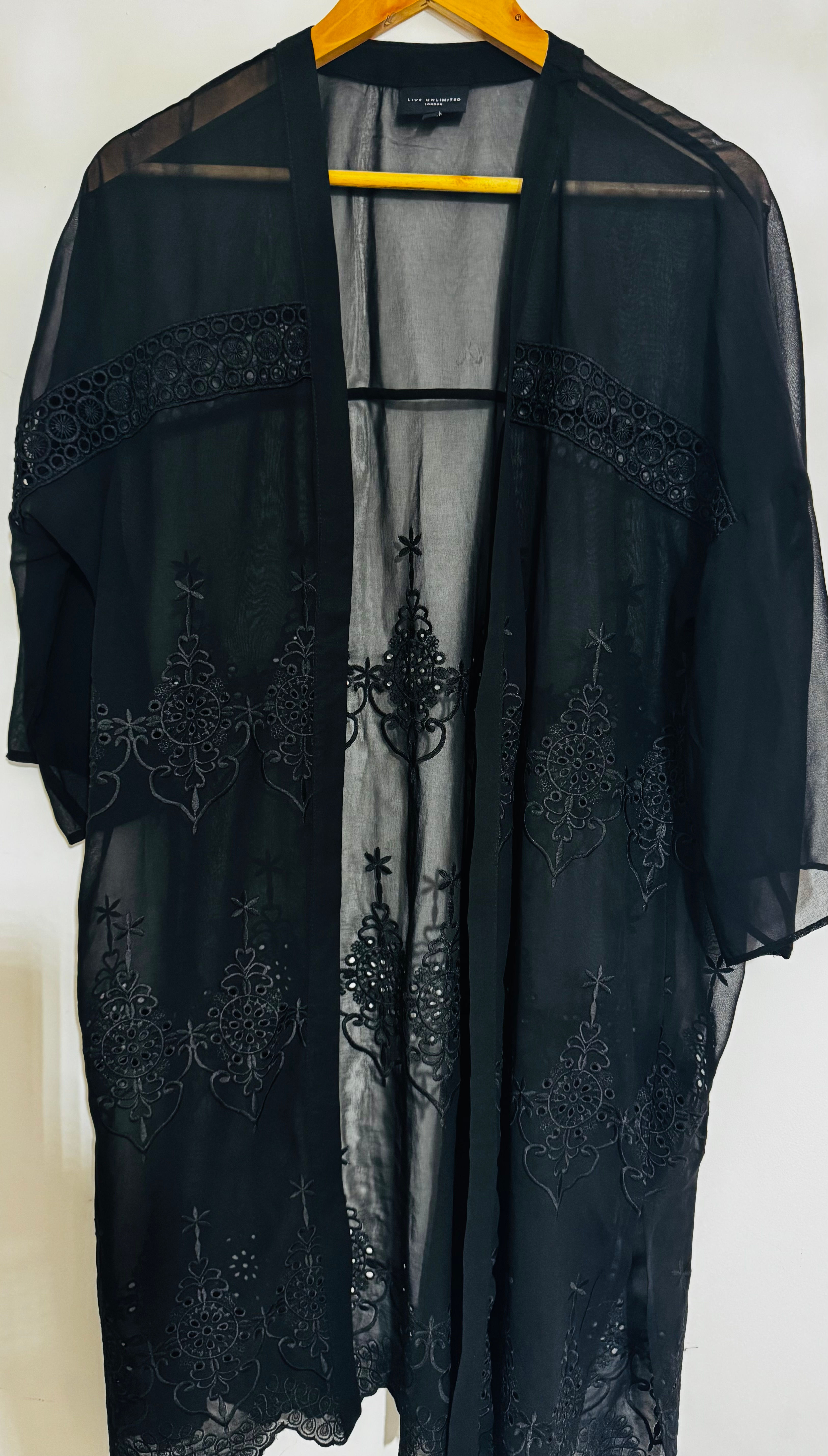 LIVE UNLIMITED black embroidered chiffon kimono size 12