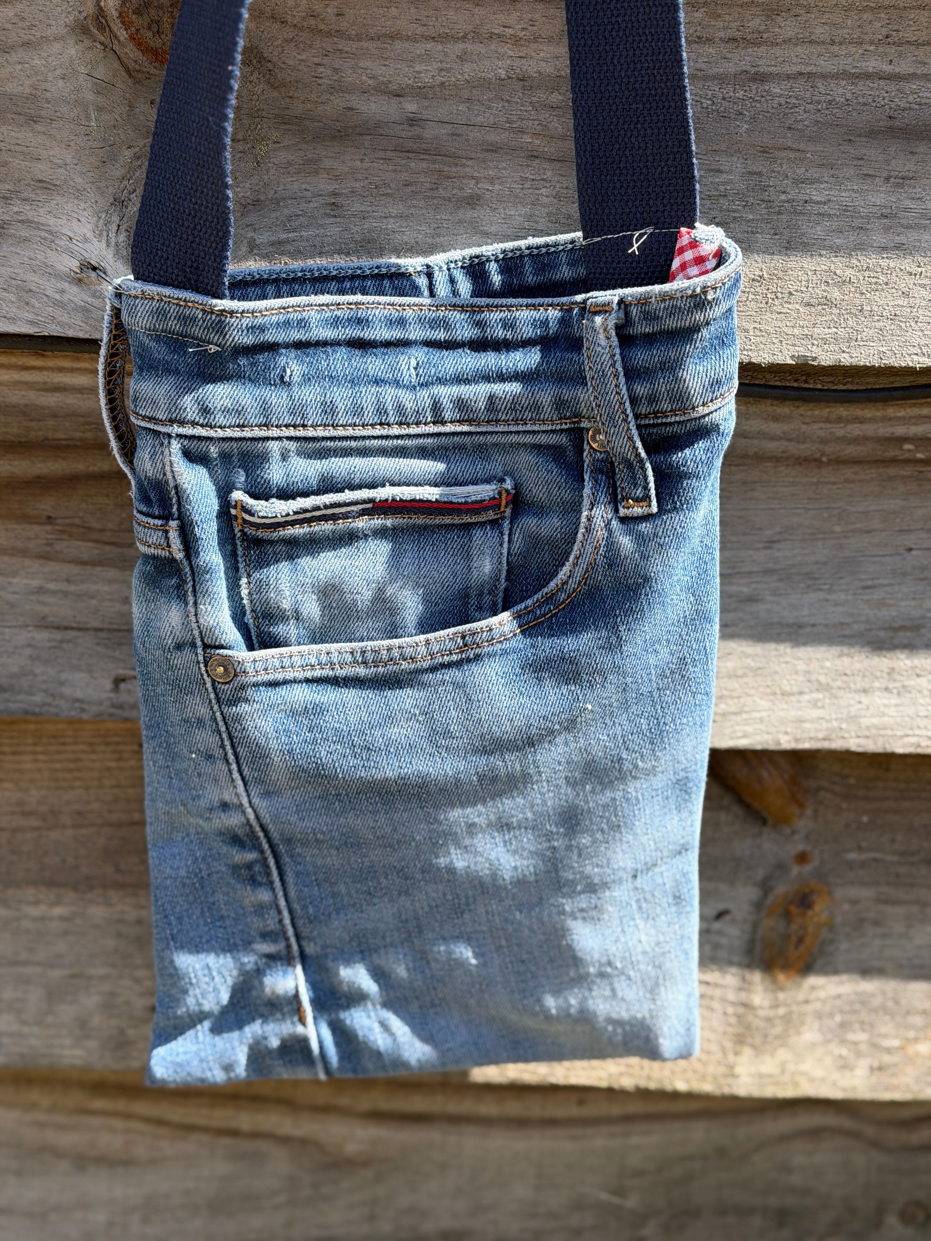 Repurposed Tommy Hilfiger jeans to cross body bag