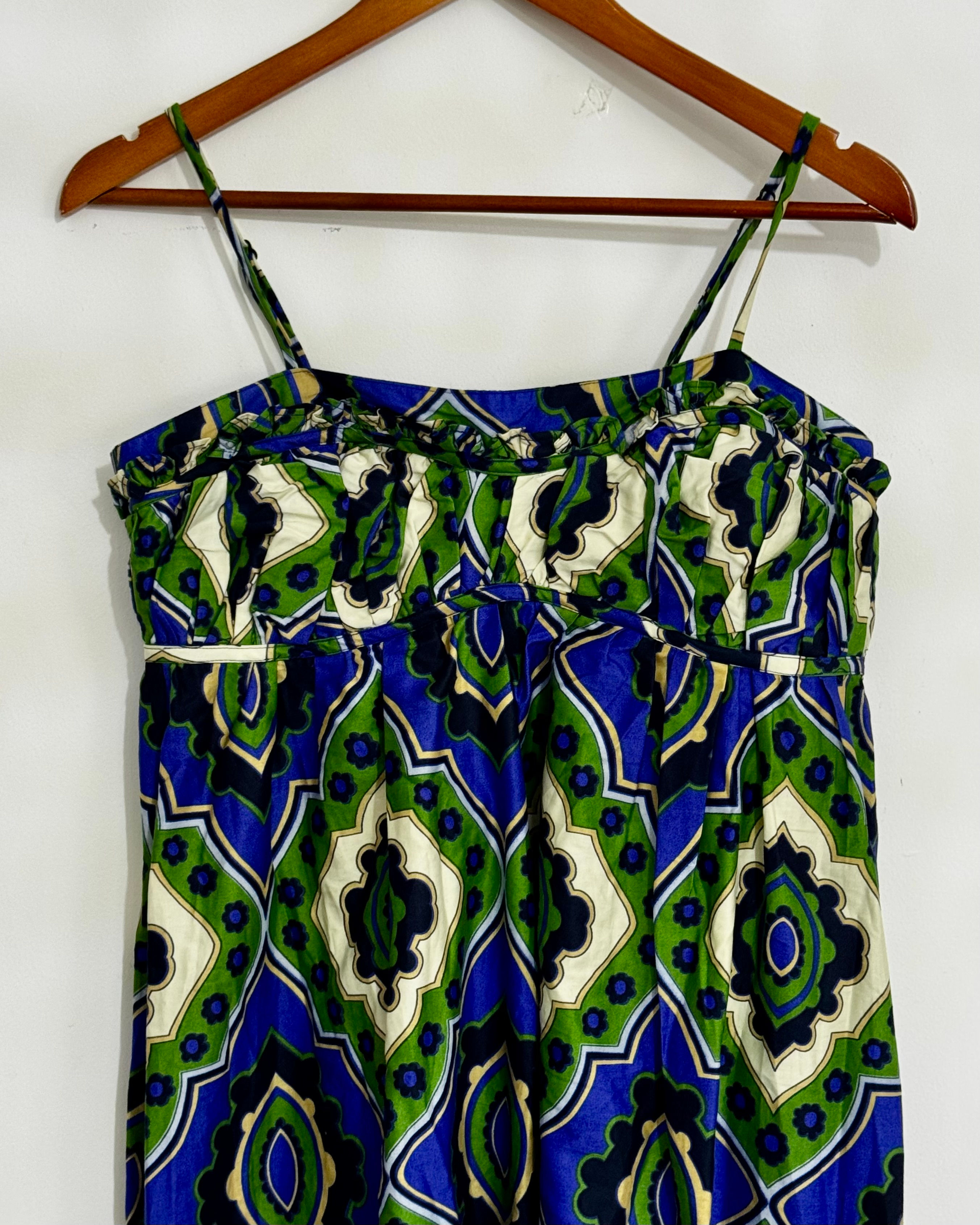 WAREHOUSE green and blue printed cotton dress size 10
