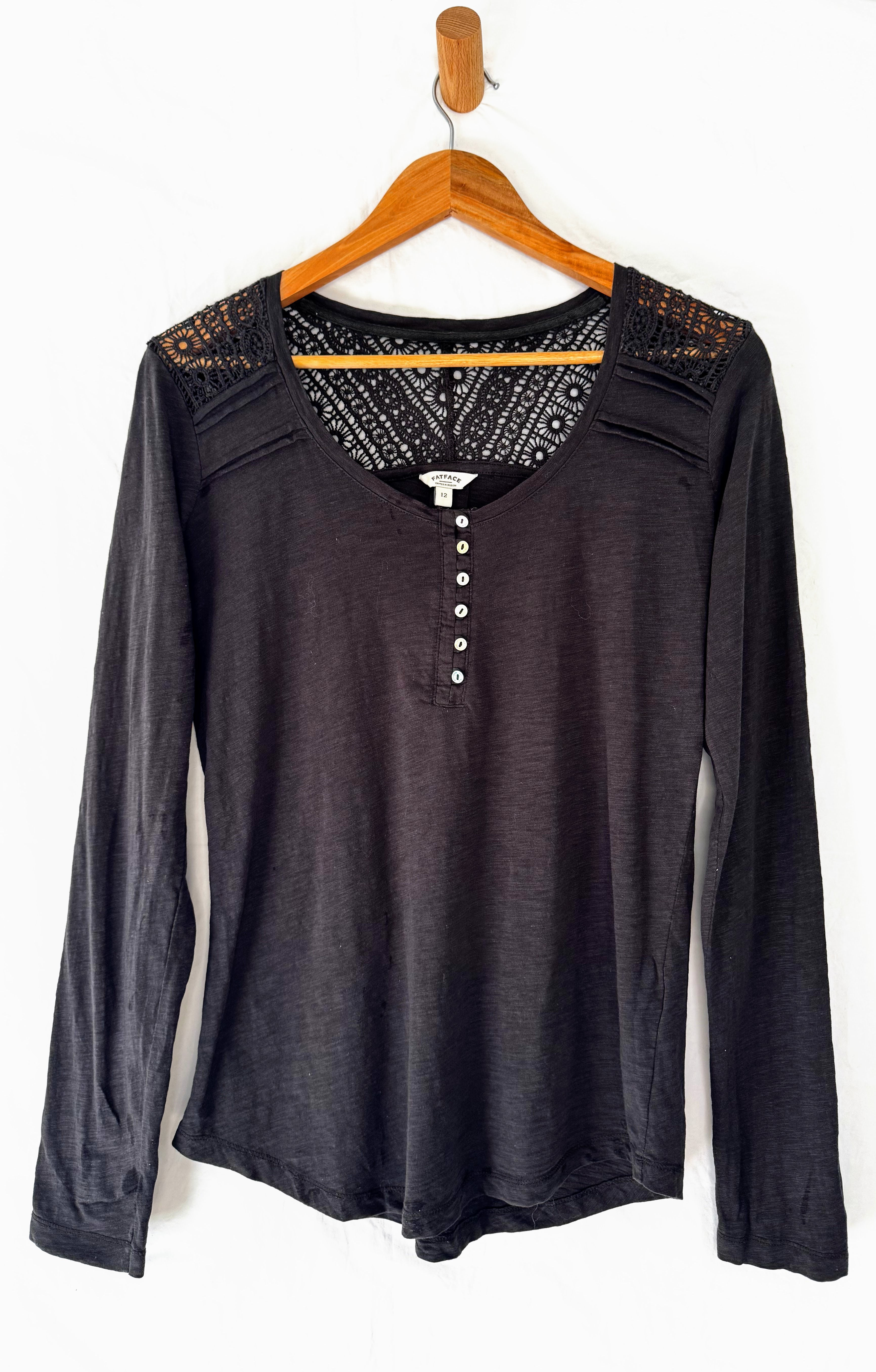 FAT FACE CHARCOAL JERSEY TOP WITH CROCHET  DETAIL size 12