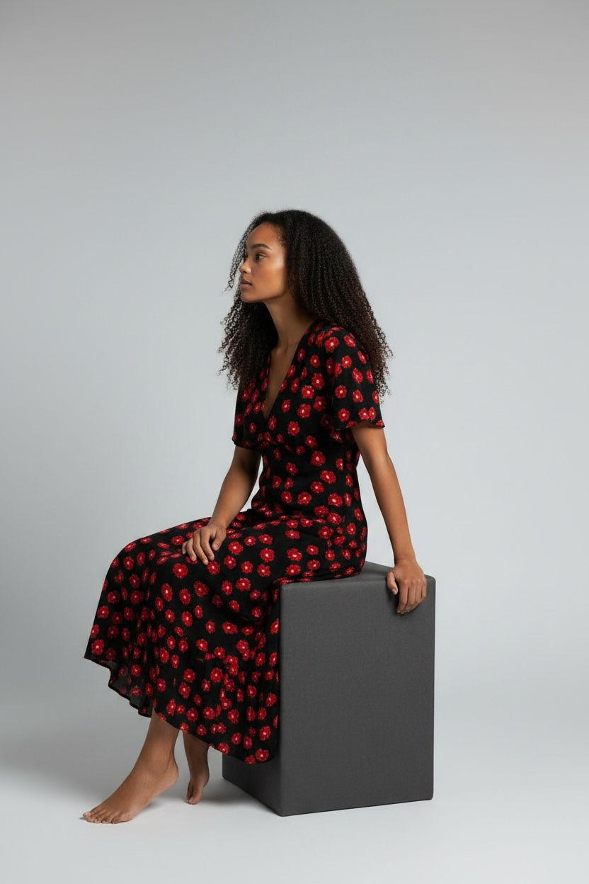 Thumbnail: Red and black floral V neck dress size 8