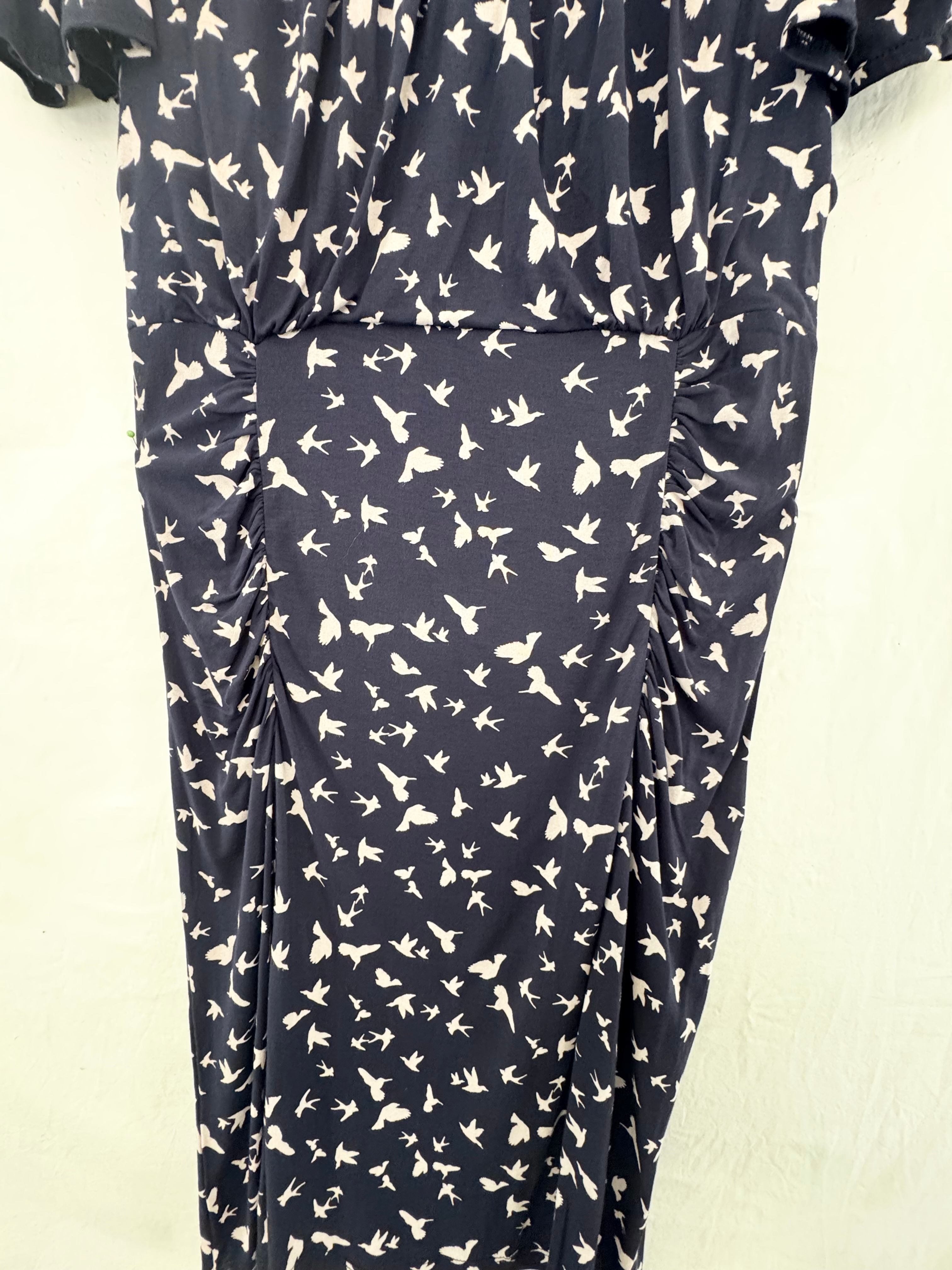 WAREHOUSE NAVY JERSEY DRESS WITH BIRD PRINT size 16