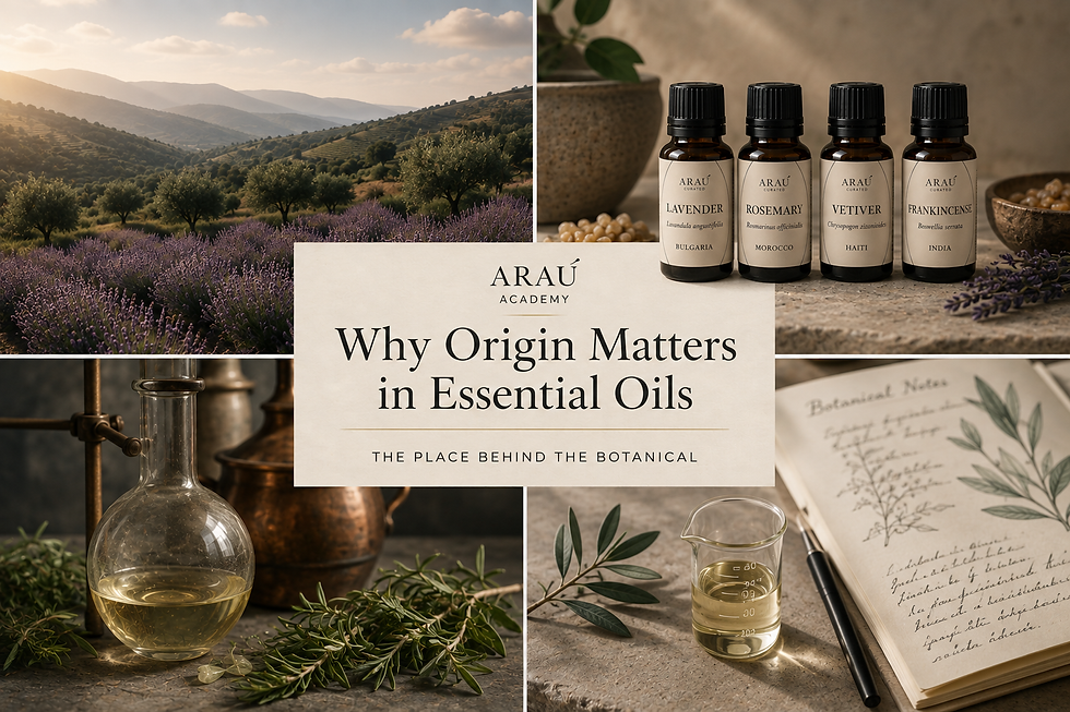 ARAU essential oils from different botanical origins alongside lavender fields, distillation equipment and botanical notes.