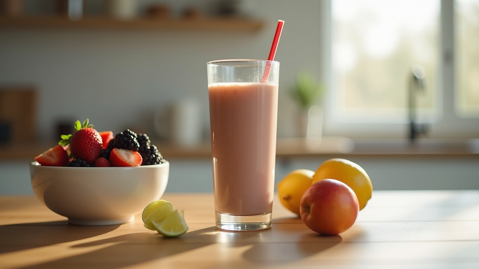 Eye-level view of a protein shake and a bowl of mixed fruit on a kitchen counter