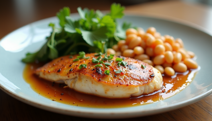 Close-up view of a balanced meal with protein-rich foods including chicken, beans, and vegetables