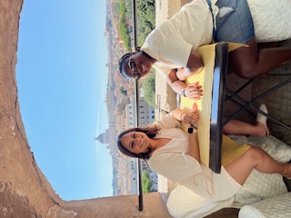 eating breakfast in a castle with views