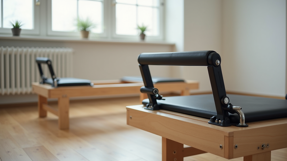 Close-up view of Pilates reformer machine in a bright studio