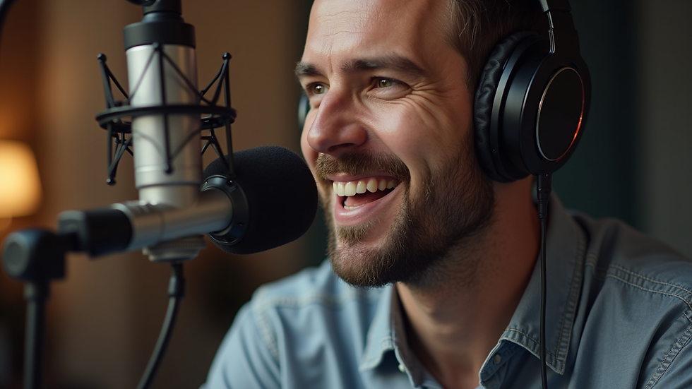 Eye-level view of a podcast host speaking into a microphone with recording equipment