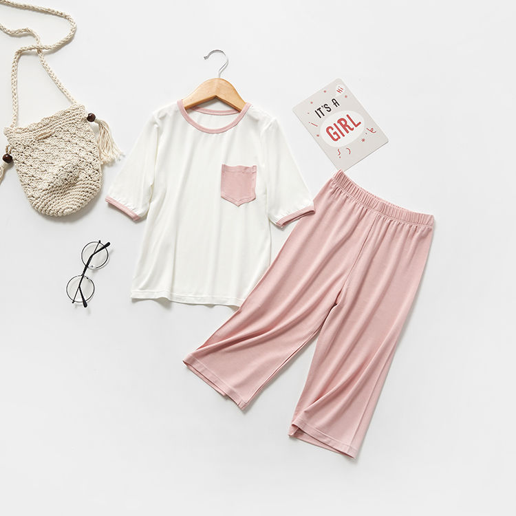Thumbnail: Cute Pajamas Set Short Sleeve Shirt with Pants to Knee