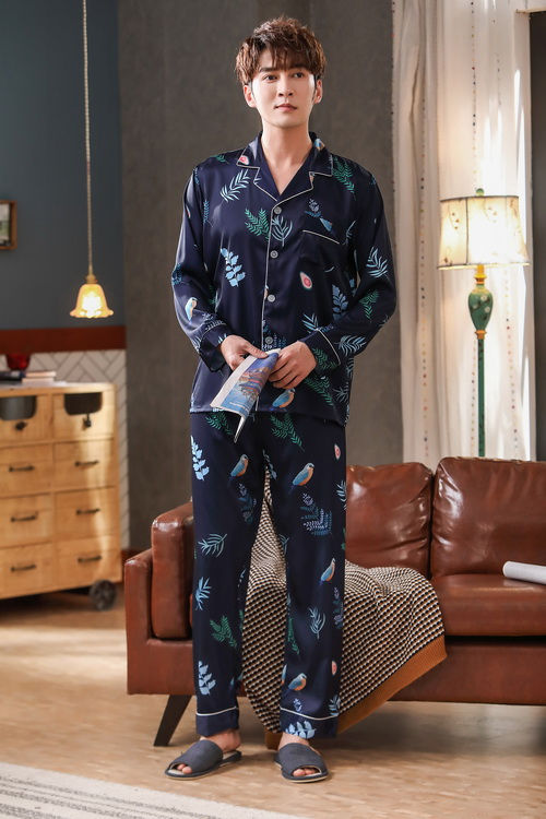 Thumbnail: Silk Satin Printed Leaves Bird Pajamas  Long Sleeve Sleepwear For Him