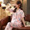 Thumbnail: Silk Satin Printed Leaves Bird Pajamas Short Sleeve Sleepwear