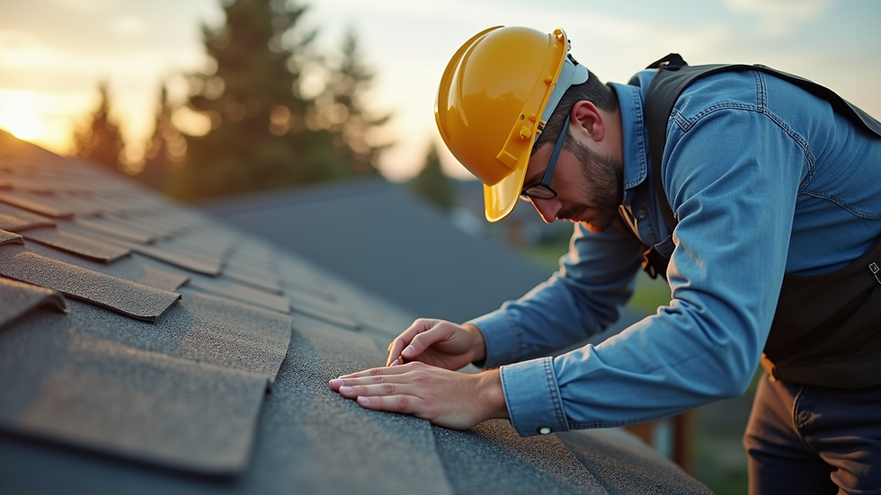 Close-up view of a roof inspector examining shingles on a residential roof