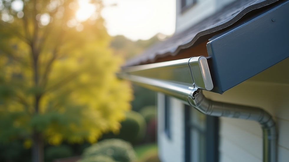 Close-up view of aluminum gutter and downspout installation on a residential home