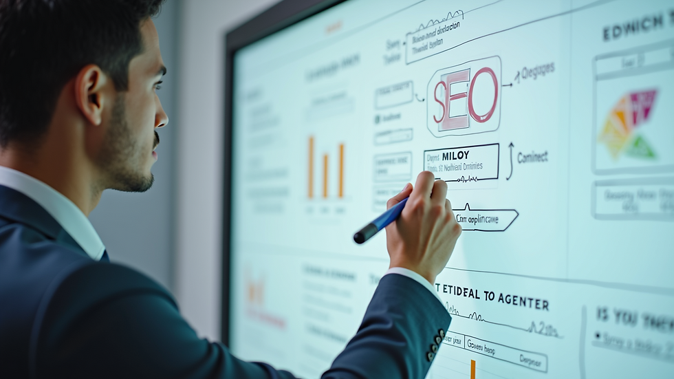 Close-up view of a person analyzing SEO strategy on a whiteboard