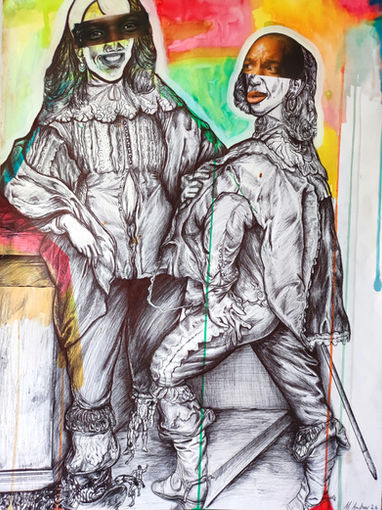 Combat de coqs ou, les coqs, stylo bille, collage, encre sur papier, 50x65cm - 2022.jpg