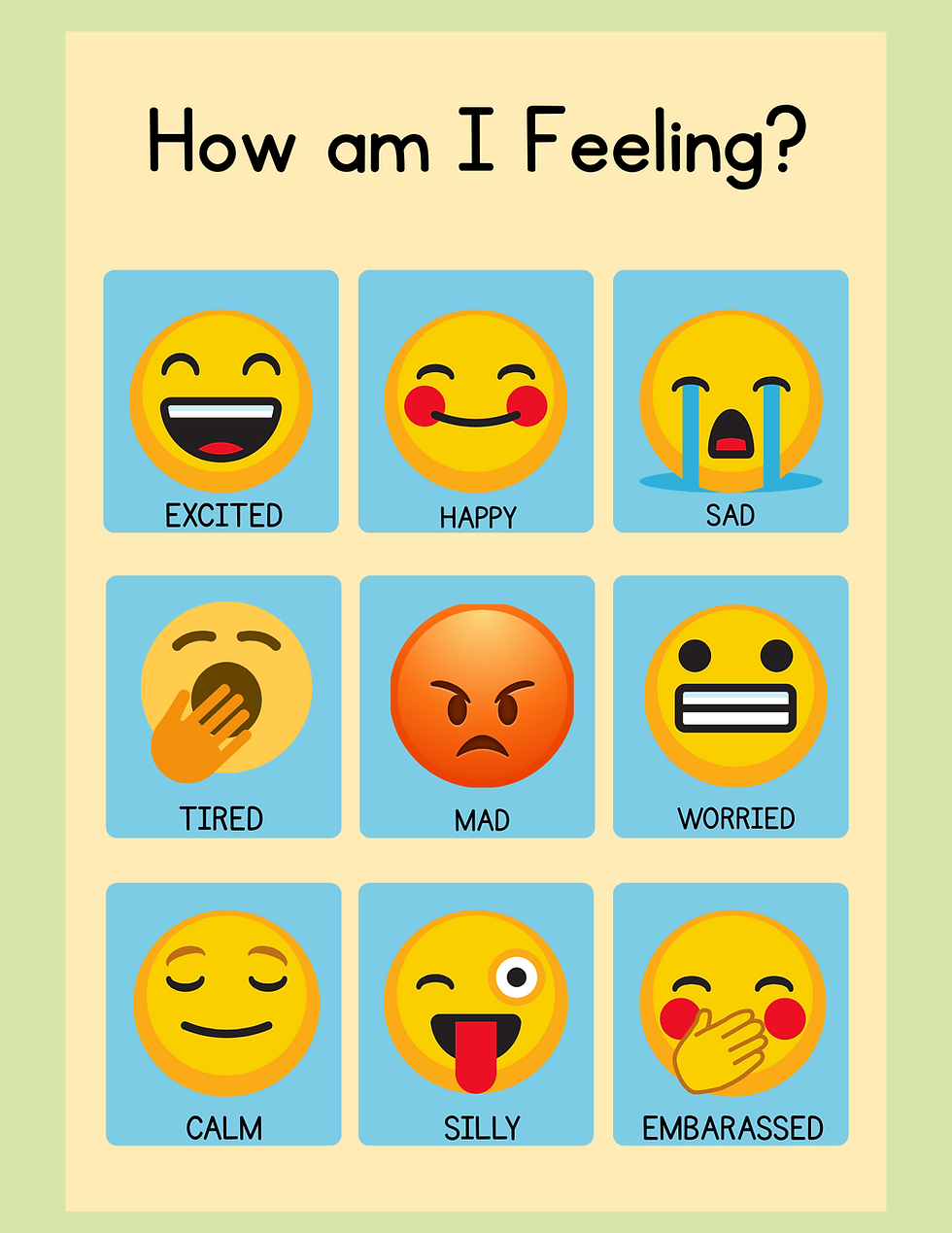 Feelings chart for kids: a helpful tool to identify and express emotions like excited, happy, sad, tired, mad, worried, calm, silly, and embarrassed.