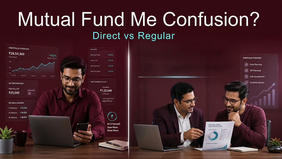 Direct vs Regular Mutual Fund – Aap Kya Choose Karein concept showing comparison of returns, cost and guidance in mutual fund investing