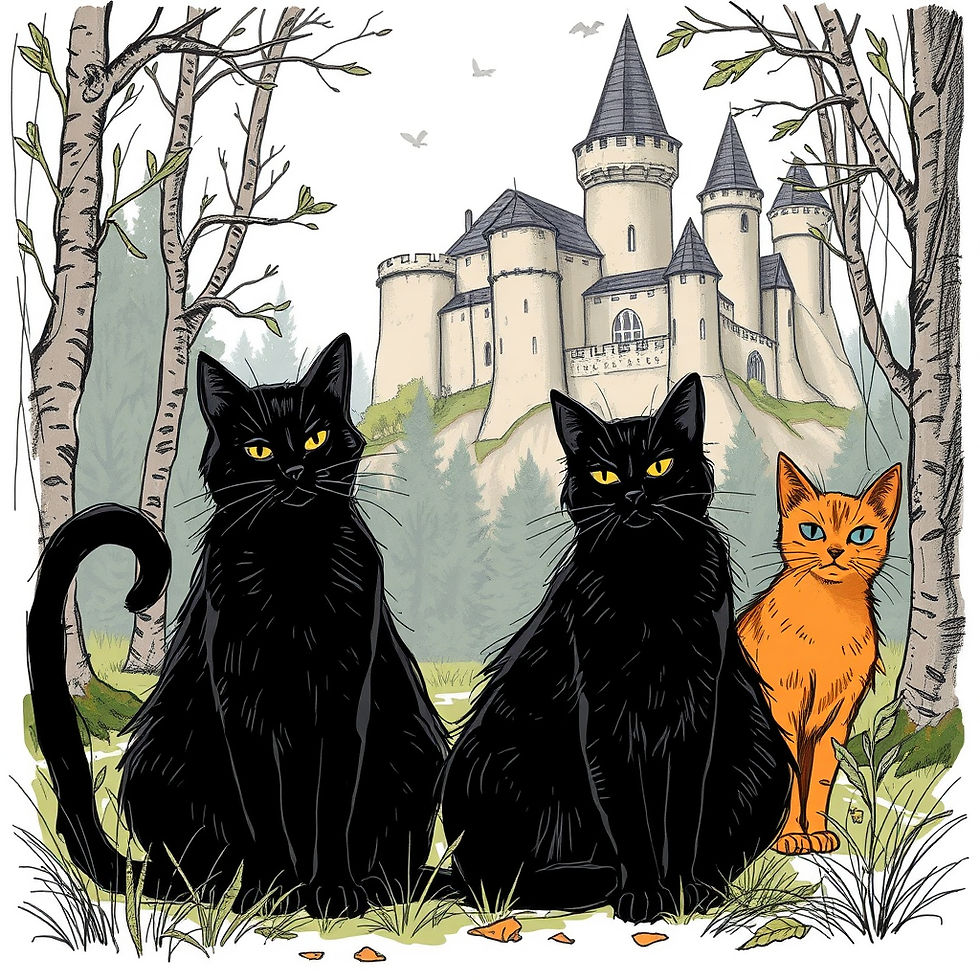 Illustration of two black cats and an orange cat in a forest, looming castle in the background and birds flying in the sky