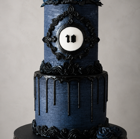 Luxury purple gothic buttercream birthday cake with black ganache drips, baroque details and black buttercream flowers.
