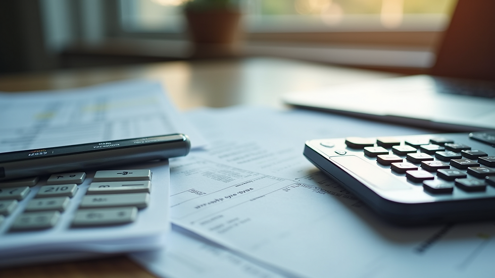 Close-up view of a calculator and tax documents on a desk