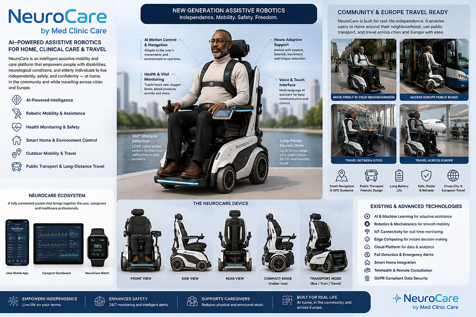 Wide landscape promotional poster showing a powered mobility chair and related product information, blue and white dominant colors, wide landscape.