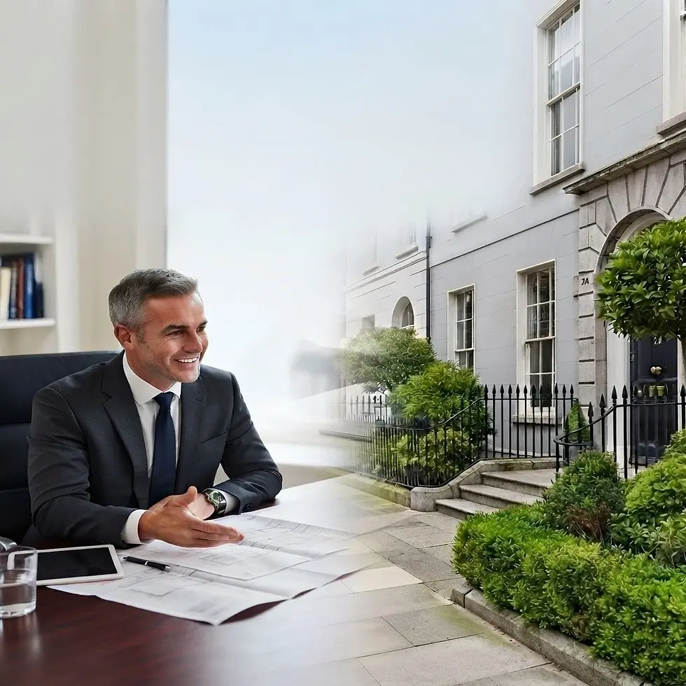 Composite photography showing a smiling businessman in a suit at a desk overlaid with a row of townhouses. The image conveys a professional and real estate-focused atmosphere.