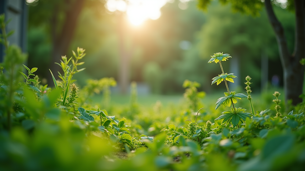 Eye-level view of a lush green garden with diverse plants