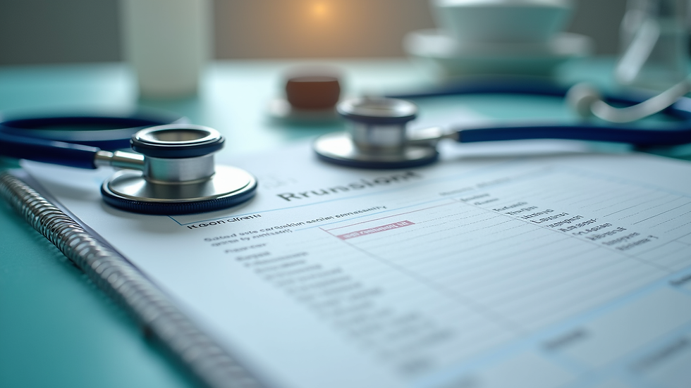 Close-up view of medical supplies and a care plan on a table