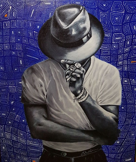 Peinture d'un homme noir dans la nuit par Carole Buttin sur fond bleu