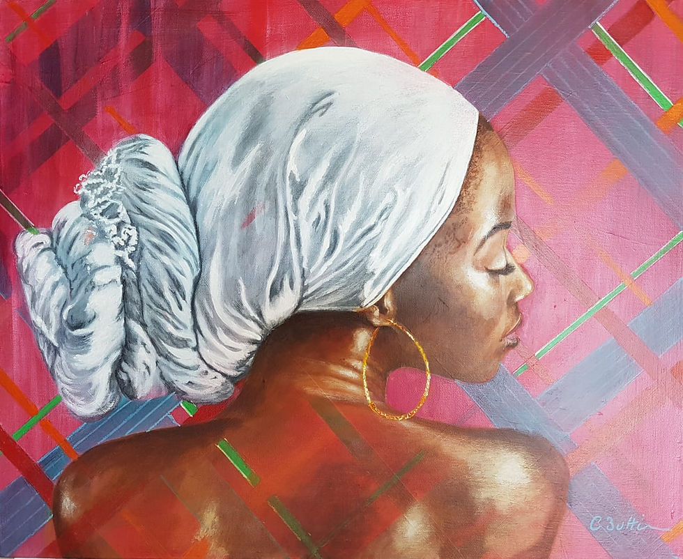 femme noire coiffée d'un maré tèt blanc par Carole Buttin