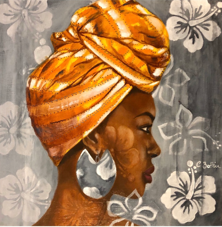 portrait femme noire portant un maré tèt orange par carole buttin
