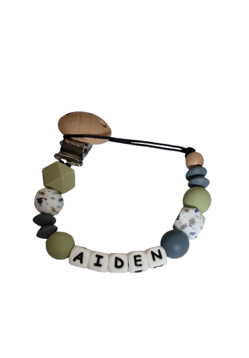 Baby speenkoord groen en grijs tinten thema dino