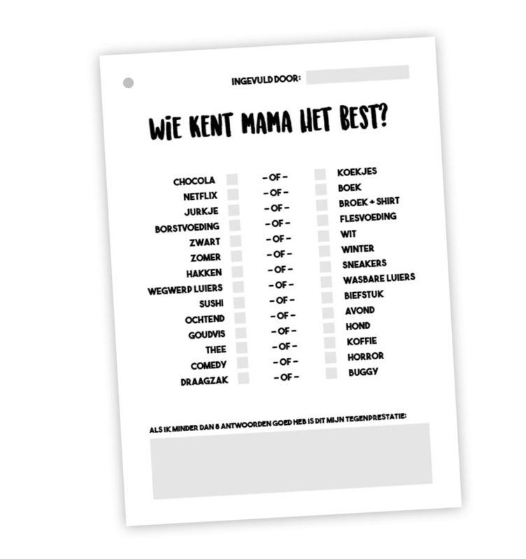 Thumbnail: Babyshower invulboek binnenpagina met de vraag wie het als beste kent