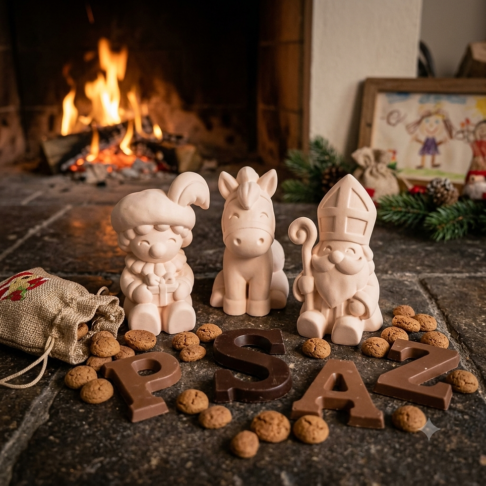 Drie kunststof 3D Sinterklaas figuren van Sinterklaas, een Piet en het paard Ozosnel, opgesteld bij de open haard.