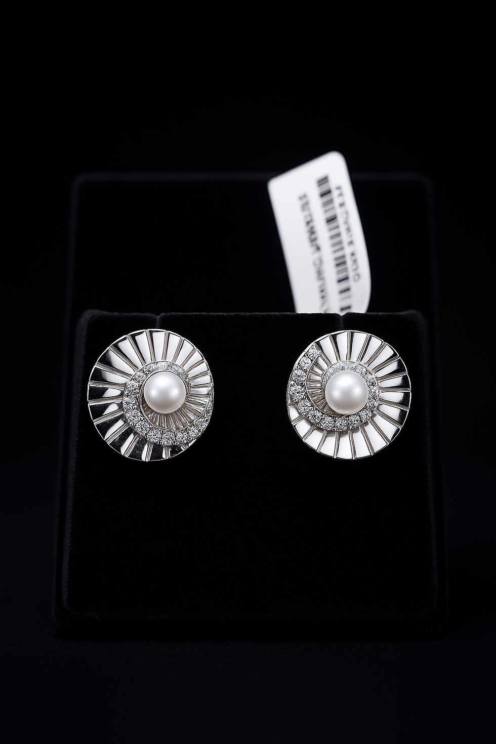 Pair of pearl earrings with diamonds and a tag against black backdrop.