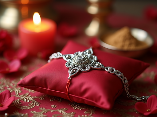 Elegant handcrafted silver Rakhi on a silk cushion.png
