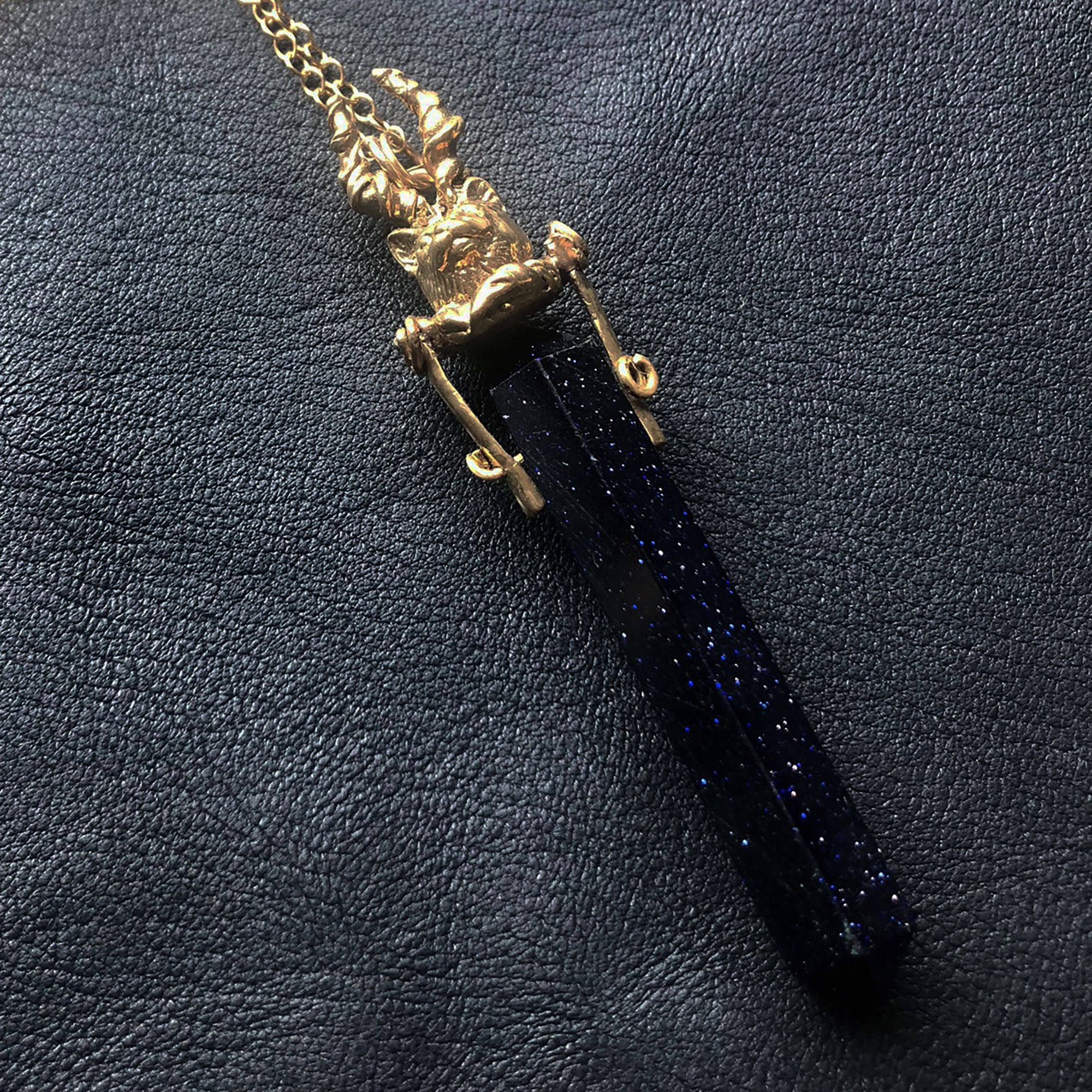 Horned Cat Blue Goldstone Pendant in Bronze