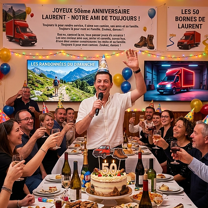 Repas de famille pour le 50ème anniversaire de Laurent avec ambiance festive pour une idée de cadeau de chanson sur-mesure.