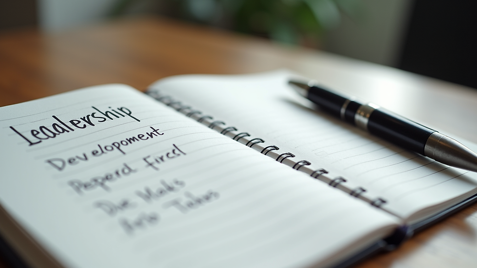 Close-up view of a notebook with leadership development notes and a pen